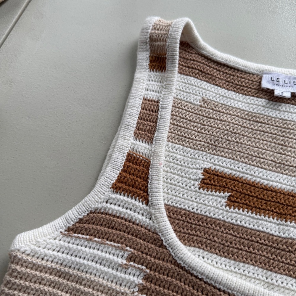 Le Lis Collection Women's S Tan Brown Abstract Stripe Crochet Knit Crop Tank Top - Picture 8 of 10